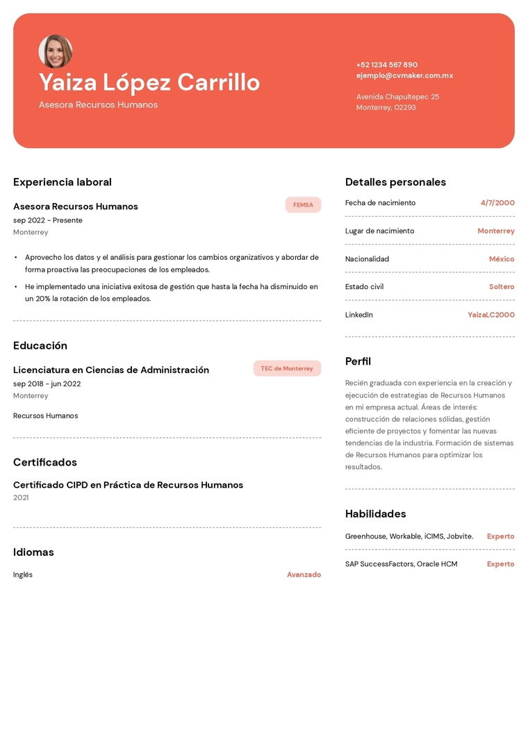 Ejemplo de CV de recursos humanos Ejemplo de CV de recursos humanos