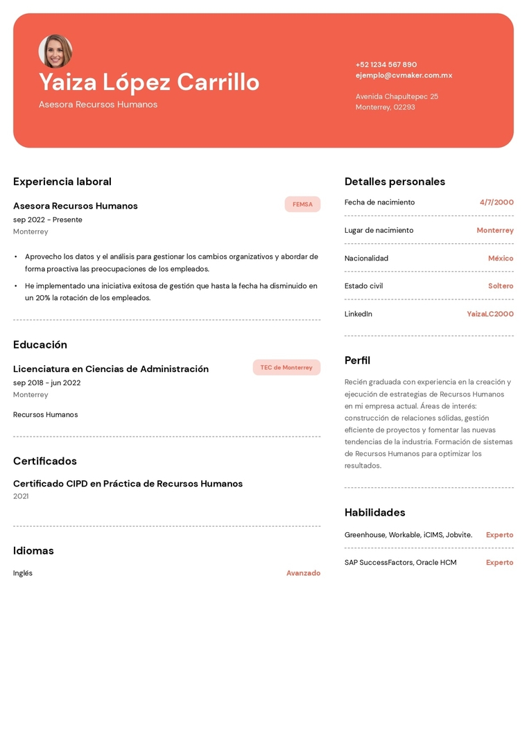 Ejemplo de CV de recursos humanos